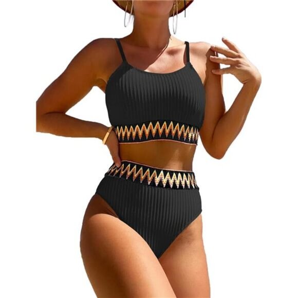 Women's High Waisted Ribbed Bikini Set Crop Top Cheeky Bathing Suit